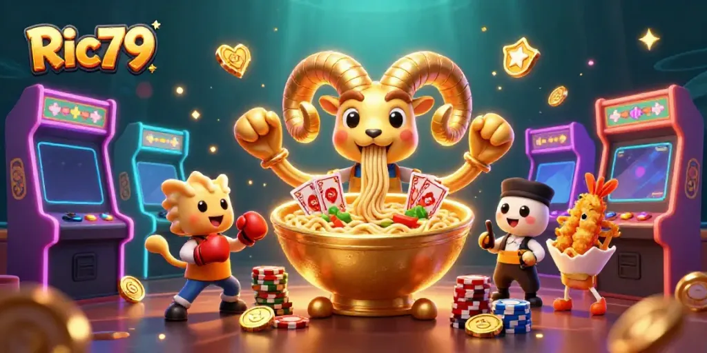 Experience exciting casino action with Ric79 featuring cartoon characters, game machines, and vibrant animations.