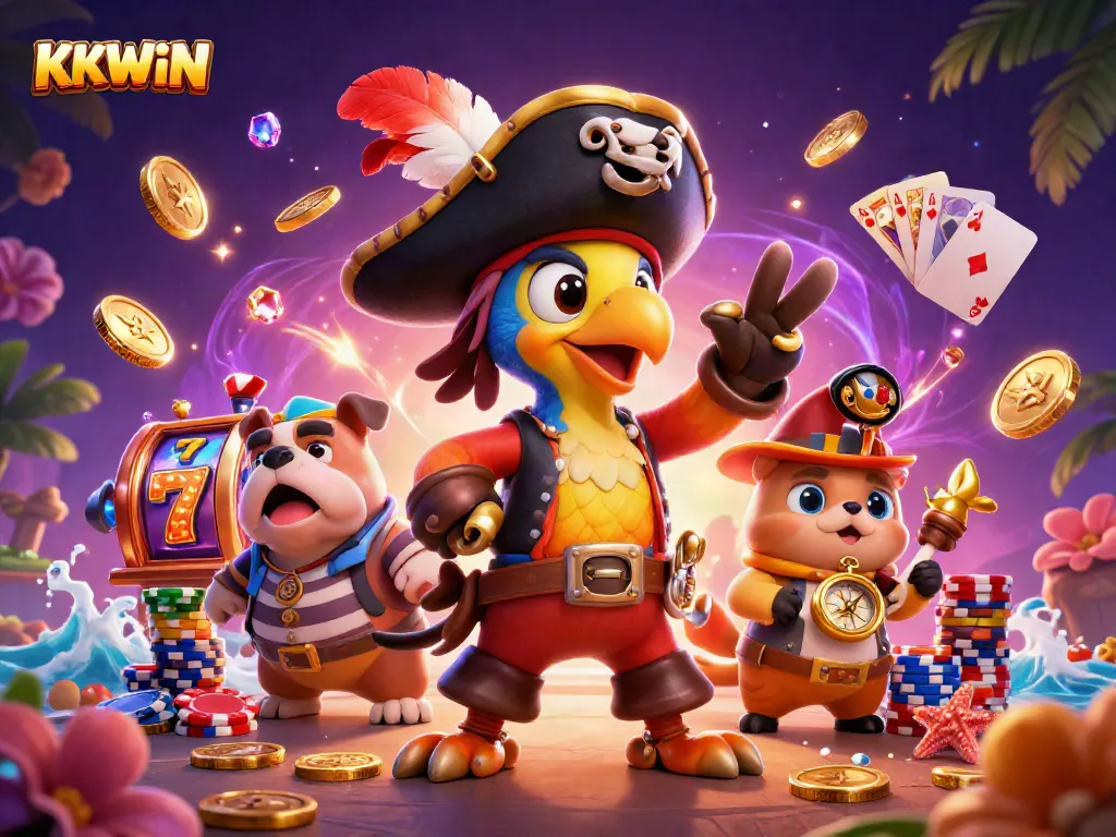 Experience dynamic gaming action with KKWIN in a vibrant 3D casino scene full of excitement and colorful elements.