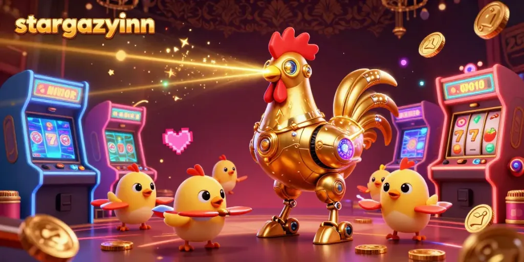 Experience the excitement of stargazyinn with golden rooster robots in an animated casino scene.