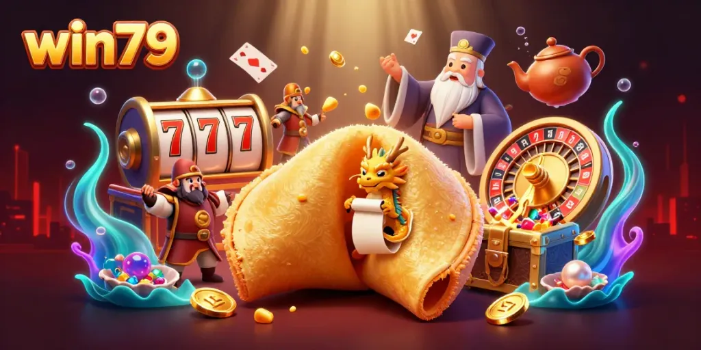 win79 features a giant fortune cookie, a wise dragon, and slot elements in an engaging casino scene.