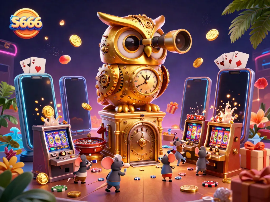 S666 offers a vibrant 3D casino scene featuring a massive clockwork owl scanning the fun-filled floor, capturing excitement.