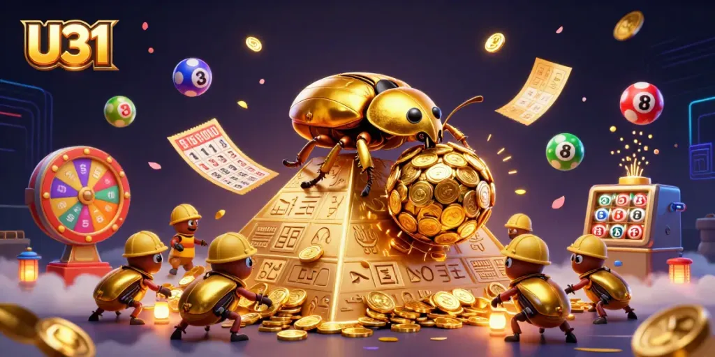 Experience U31's casino excitement with golden symbols and vibrant game elements in a dynamic illustration.