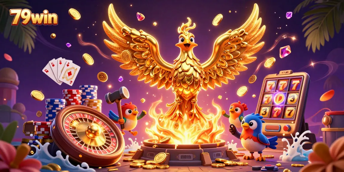 Experience the thrill of 79win with a vibrant casino scene featuring a golden phoenix and dynamic game elements.