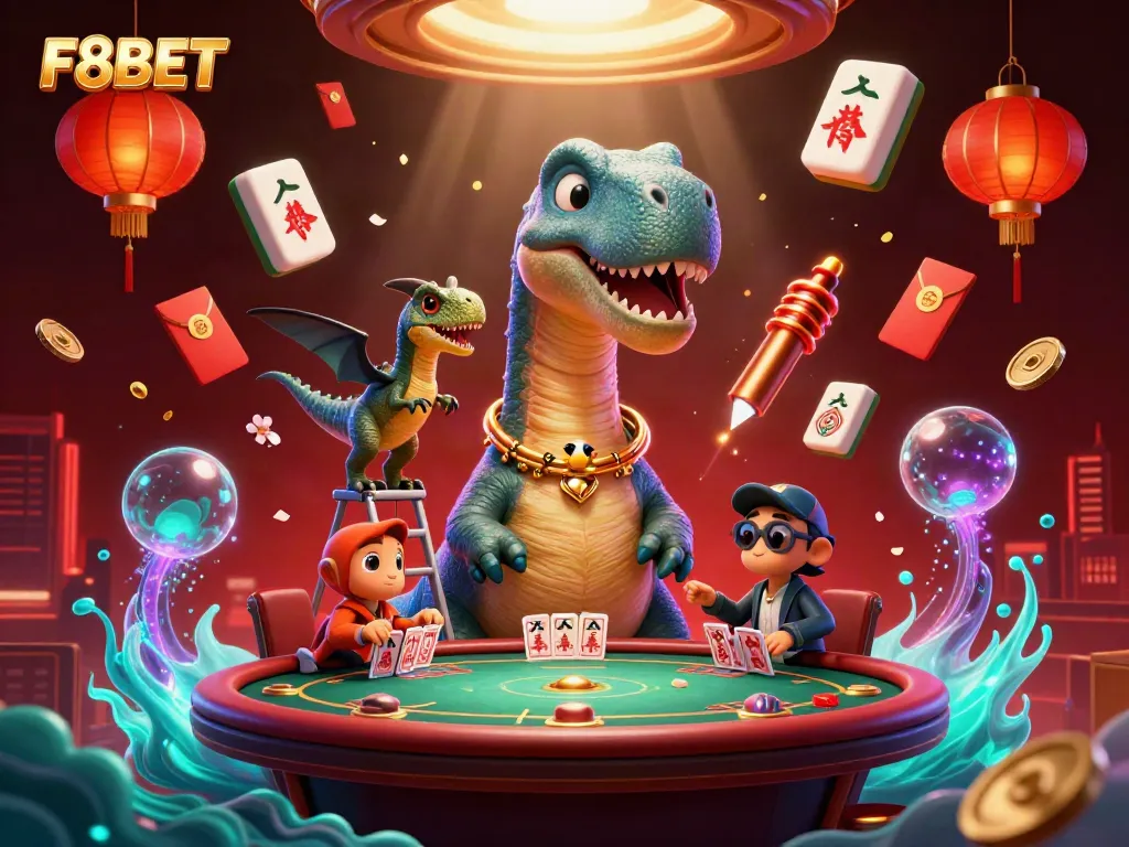 Play exciting games at F8BET with a giant cartoon dinosaur overseeing a poker game.