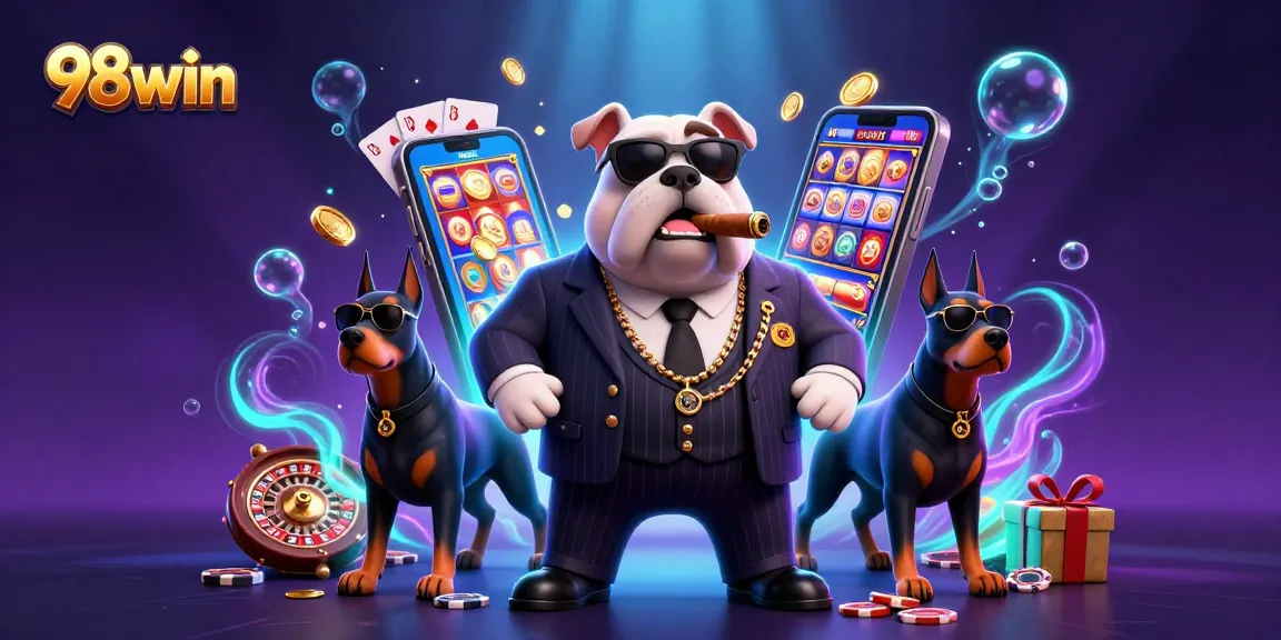 Experience winning moments with 98win in a vibrant casino scene featuring a bulldog boss and thrilling games.