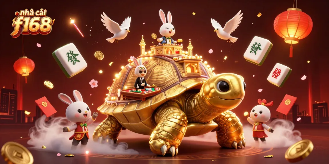 Experience the fun of nhà cái f168 with a vibrant 3D casino scene featuring a golden tortoise and rabbit dealer.