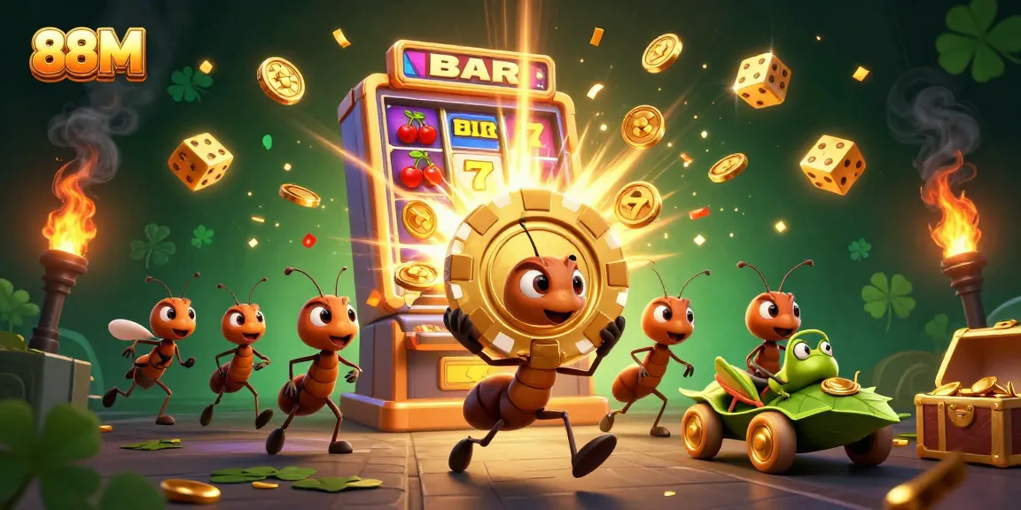 88M encourages excitement with ants heisting a giant poker chip amidst vibrant casino elements.