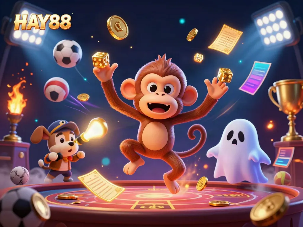 Experience the thrilling HAY88 atmosphere with a playful poltergeist monkey and ghost-hunter puppy in a haunted casino.