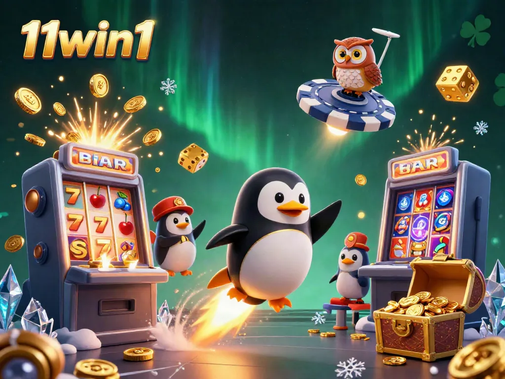 Experience thrilling wins at 11win1 with a vibrant casino-themed digital illustration showcasing diverse gaming elements.