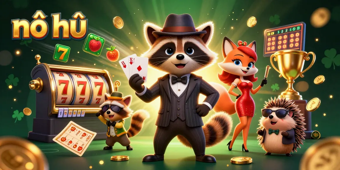 Nổ hũ illustration showcases raccoon and friends celebrating jackpot wins with dynamic casino elements