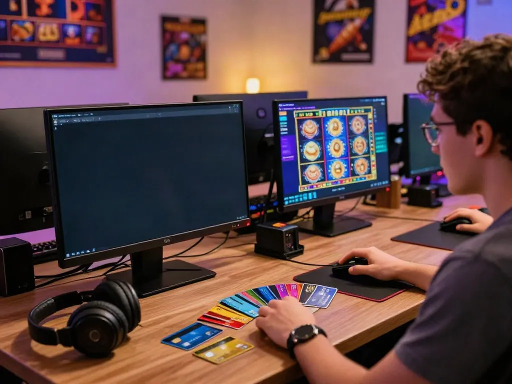 Engaged player at a modern gaming desk with slots that accept credit cards displayed on laptop.