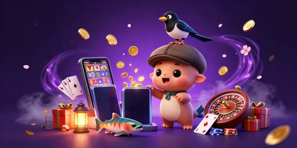 Engage with 99OK's playful 3D casino scene featuring Nessie, a magpie, and vibrant gaming elements.