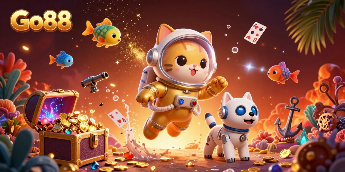 Engage with Go88's vibrant 3D scene of a golden space astronaut cat and robot dog amidst casino elements.