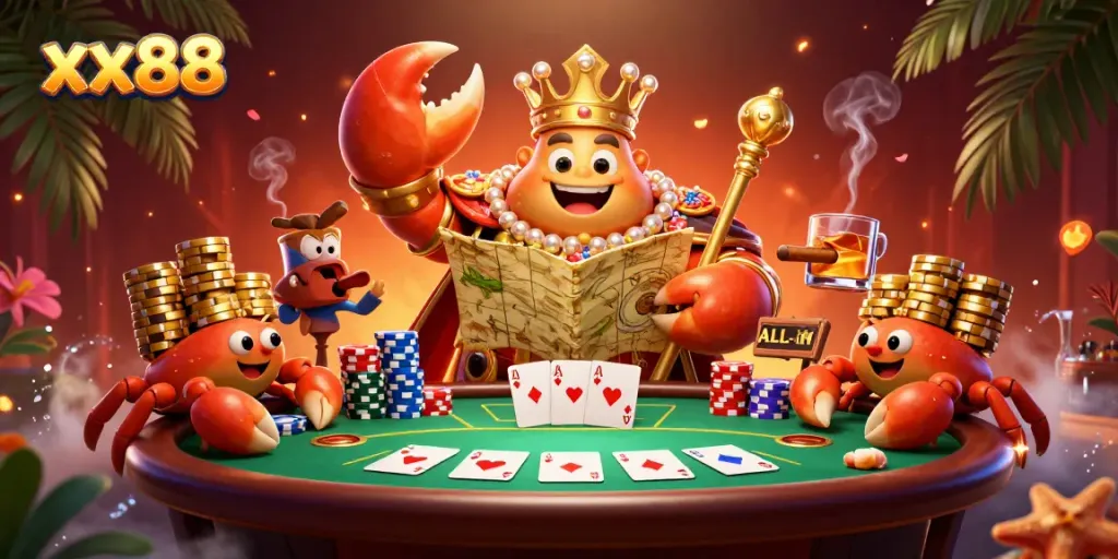 Celebrate winning moments at xx88 Casino with a lively poker scene featuring a golden crab emperor and his treasures.