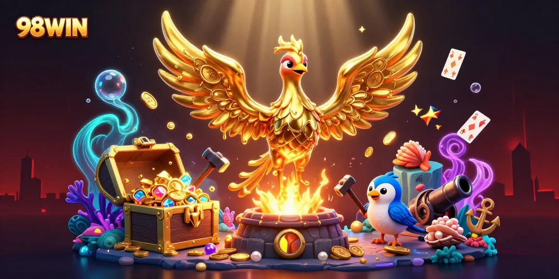 Experience thrilling wins at 98WIN with a vibrant, dynamic casino scene full of gold coins and playing cards.