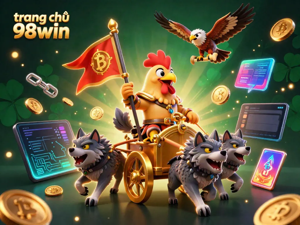 Experience the excitement on trang chủ 98win with a vibrant 3D casino scene showcasing a rooster warlord in a golden chariot