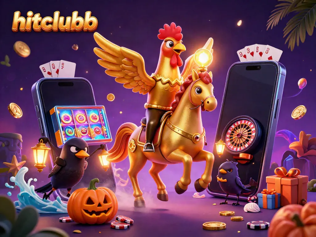 Experience thrilling gaming with hitclubb in a magical casino featuring golden rooster characters, slot games, and vibrant visuals.