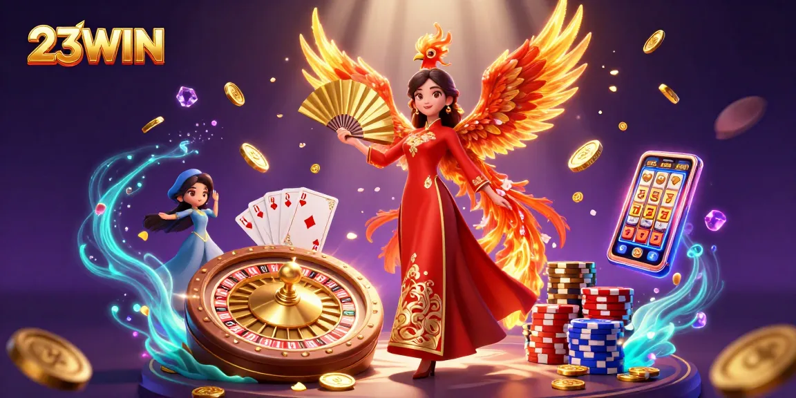 Experience victorious spins with 23WIN's vibrant 3D scene featuring a stunning ao dai and dynamic casino elements.