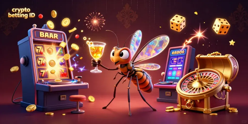 Experience the crypto betting ID excitement with a vibrant casino scene featuring dynamic characters and games.