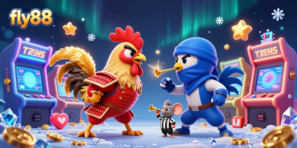 Bet on fly88's thrilling rooster fight, with colorful arcade elements enhancing the action.