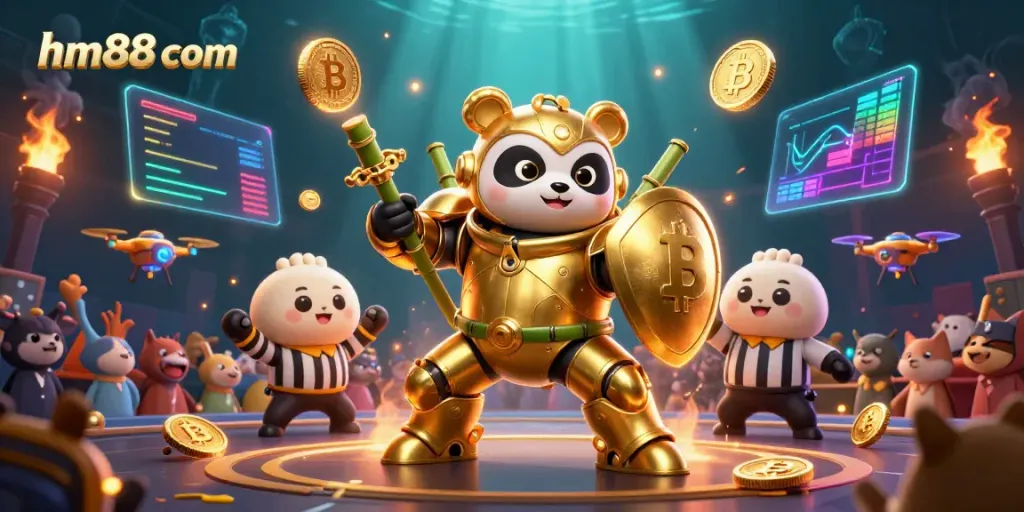 Join the exciting gaming universe of hm88 com as you pilot a mech-suit panda with crypto coins in a vibrant casino.