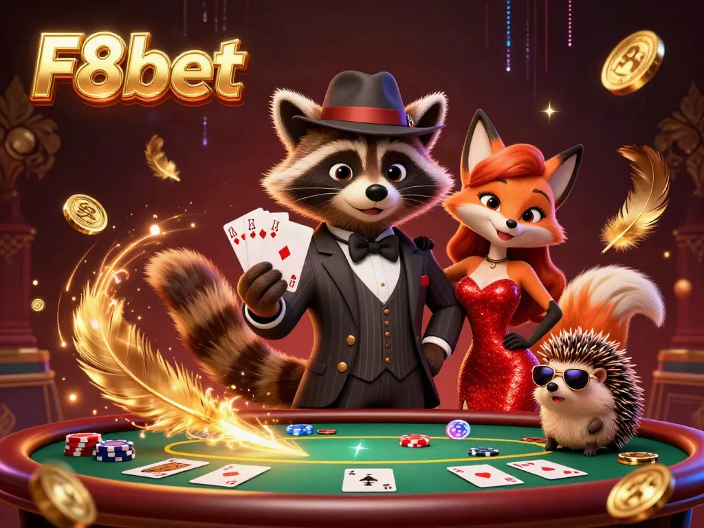 Experience the excitement of F8bet with a charming raccoon and fox at a poker table.