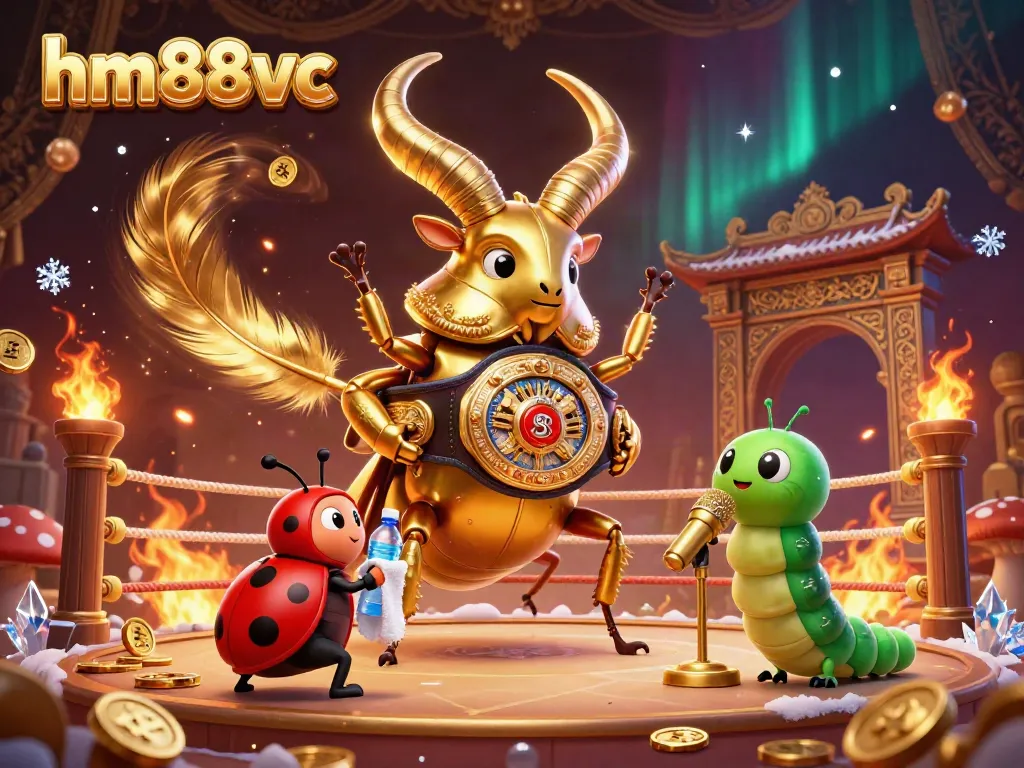 Experience the thrill of hm88vc with a giant golden stag beetle boxing in a vibrant casino scene.