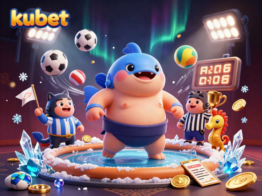 Kubet showcases a 3D cartoon fugu sumo champion in a lively underwater casino scene, engaging gamblers.