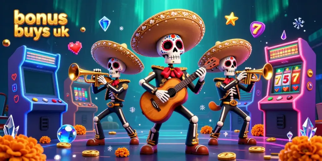 Engage with dynamic bonus buys uk slots through vibrant, colorful cartoon mariachi band, game elements, and festive design.