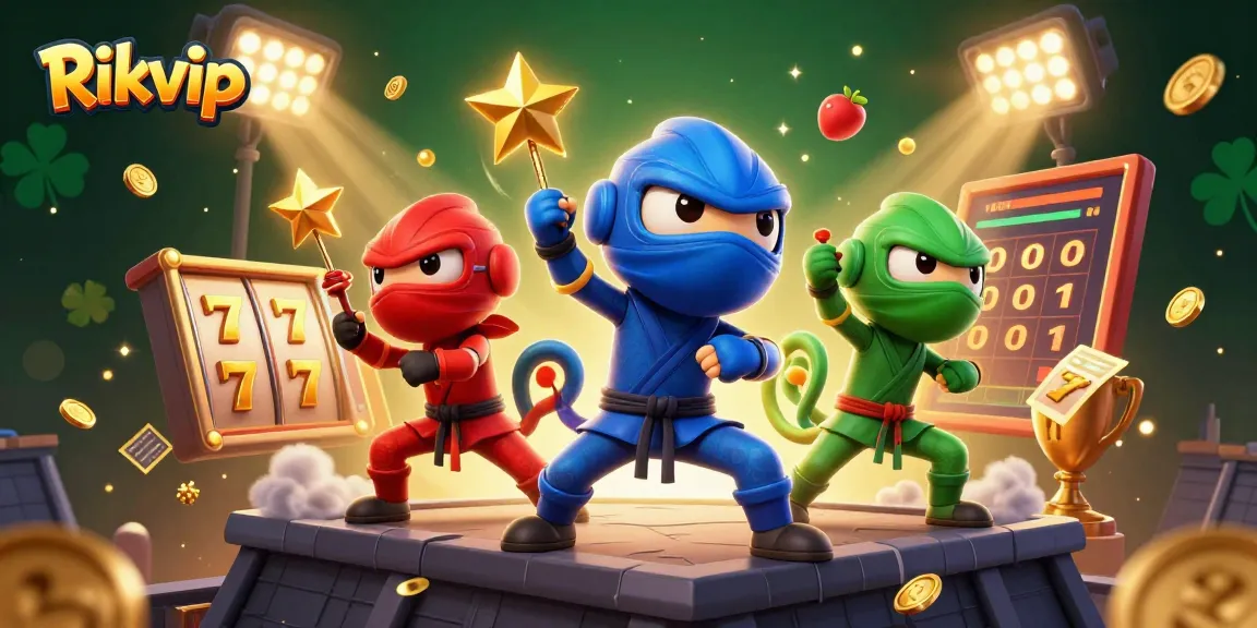 Rikvip spins slots in vibrant 3D illustration with ninja chameleons showcasing dynamic poses.