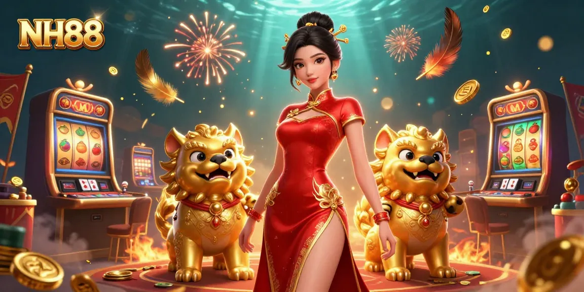 Experience the thrill of NH88 with a glamorous woman amid dynamic casino elements and festive fireworks.