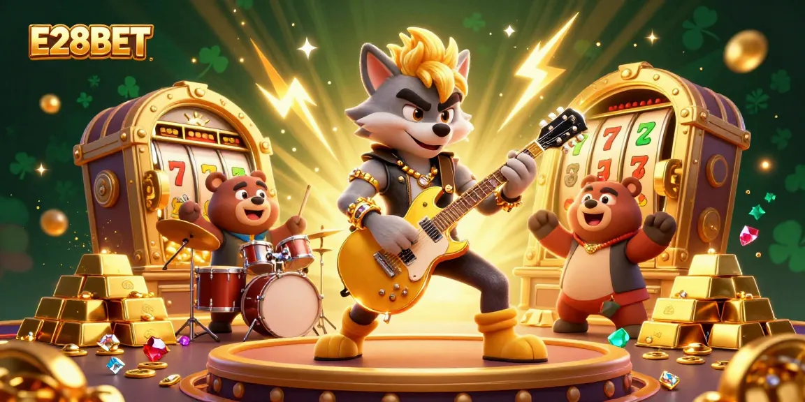 E28BET's vibrant casino scene with a rock star wolf and treasures, illustrating dynamic gameplay.