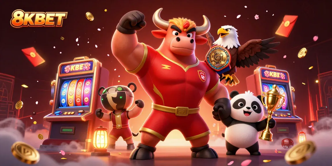 Experience the excitement at 8KBET with vibrant characters celebrating slot wins surrounded by rich gaming elements.