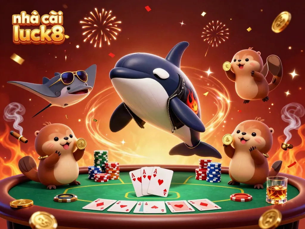 Engaging scene featuring characters from Nhà cái luck8 celebrating with poker elements and gold coins.