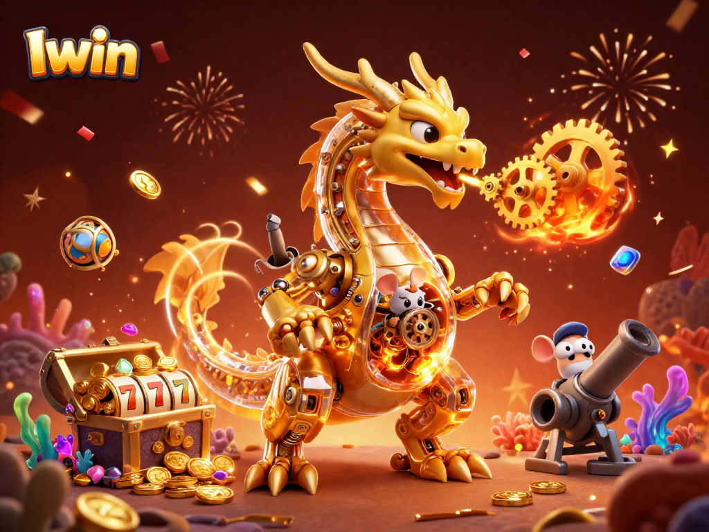 Iwin showcases a golden dragon and engineer amidst vibrant gaming elements, highlighting casino excitement.