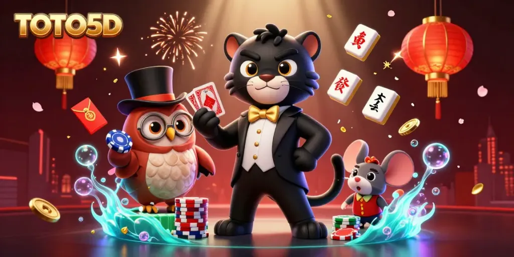 TOTO5D captures a stylish black panther dealing cards amid a vibrant gambling scene filled with lucky symbols.