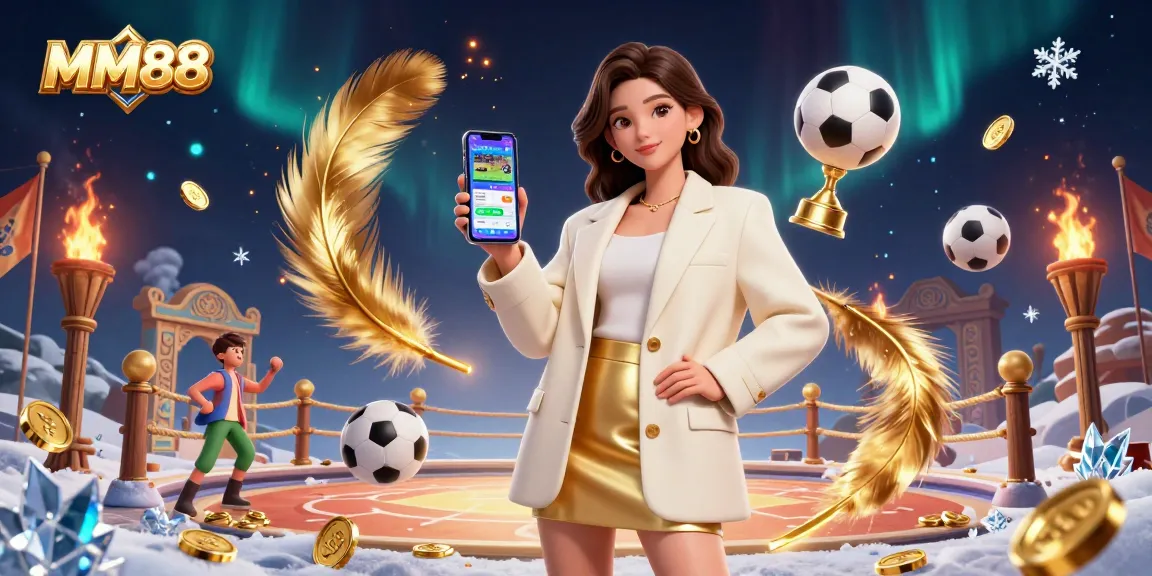Engage with MM88 sports betting action featuring an Asian woman showcasing a betting app.