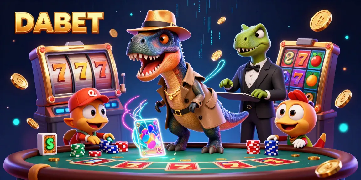 DABET showcases a dynamic casino scene with a velociraptor counter and vibrant game elements spinning