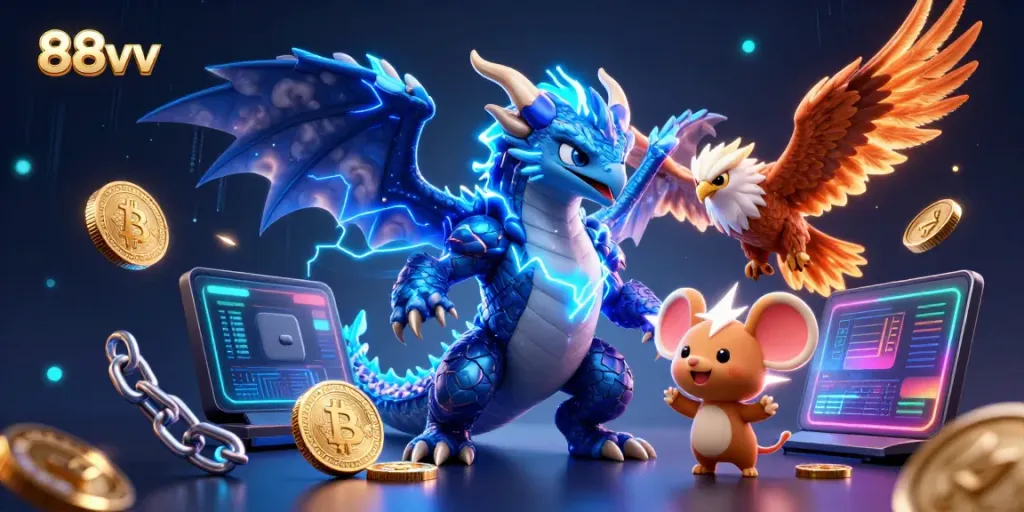 Engage in thrilling gameplay with 88vv characters in an electric casino scene filled with crypto elements.
