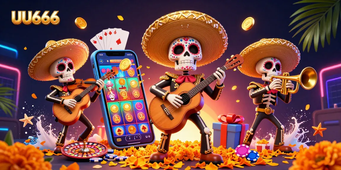 Experience the vibrant UU666 casino scene featuring Day of the Dead musicians with colorful slot games and festive elements.