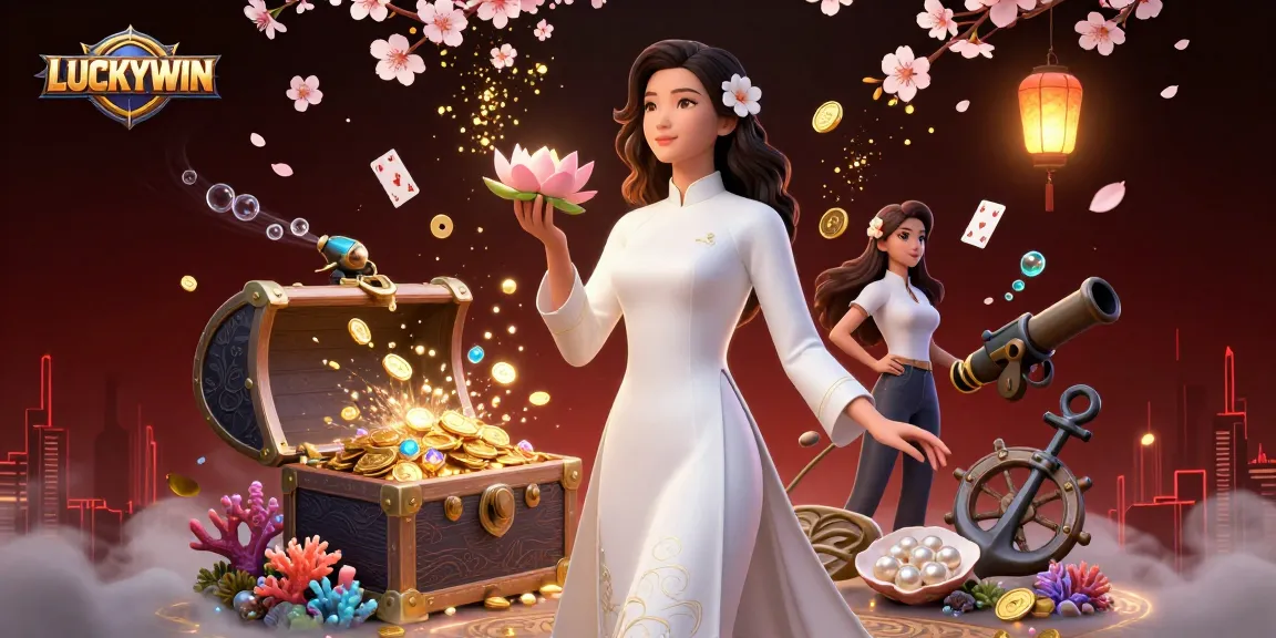 LUCKYWIN showcases an elegant Asian woman amidst a vibrant casino scene full of treasure and excitement.