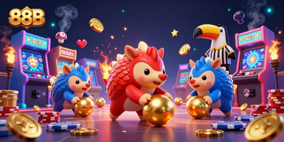 Experience 88B's thrilling gaming adventure with rival pangolins rolling through poker chips.