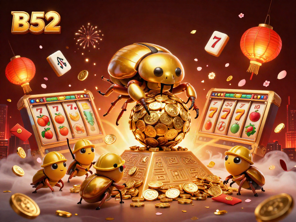 B52 gamblers enjoying a lucky slot machine game, featuring golden coins, festive lanterns, and dynamic elements