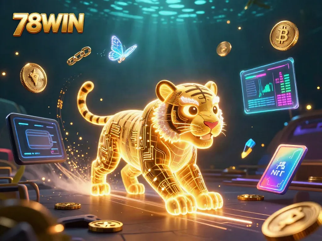 Engage with the dynamic atmosphere of 78WIN, featuring a golden tiger and crypto elements in a vibrant casino setting.