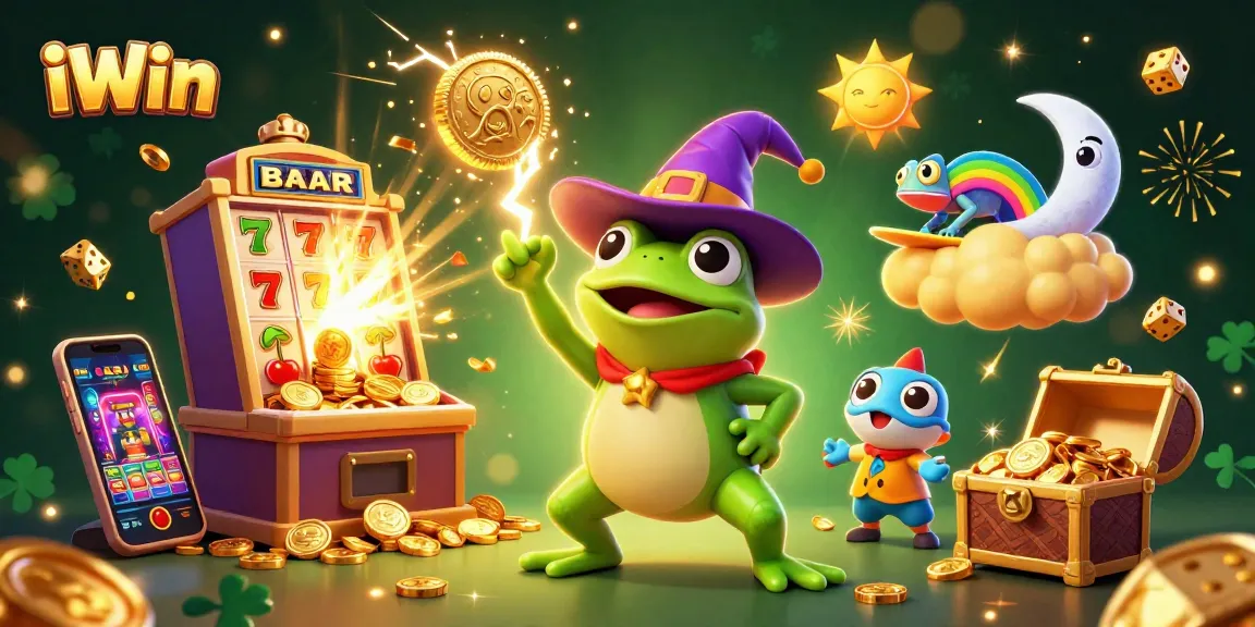 Experience exhilarating iWin with a vibrant 3D casino scene showcasing a jackpot explosion and lively characters.