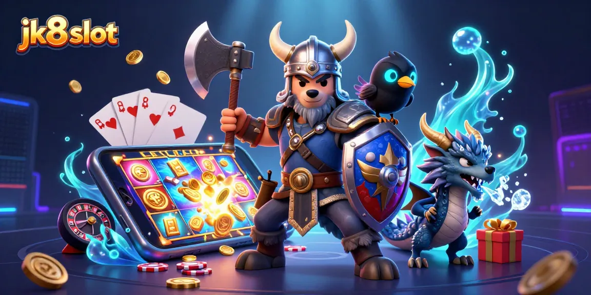 Engage with the thrilling jk8 slot experience, featuring Viking warrior and dragon amidst casino elements.