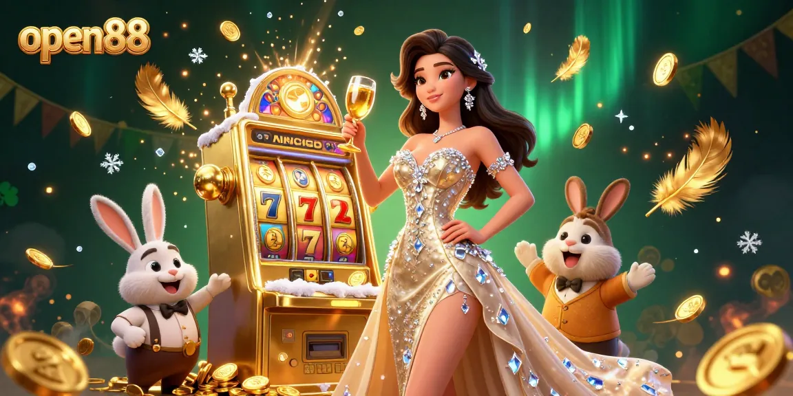 Experience the excitement of open88 with a stunning casino scene featuring a glamorous woman and a jackpot slot machine.
