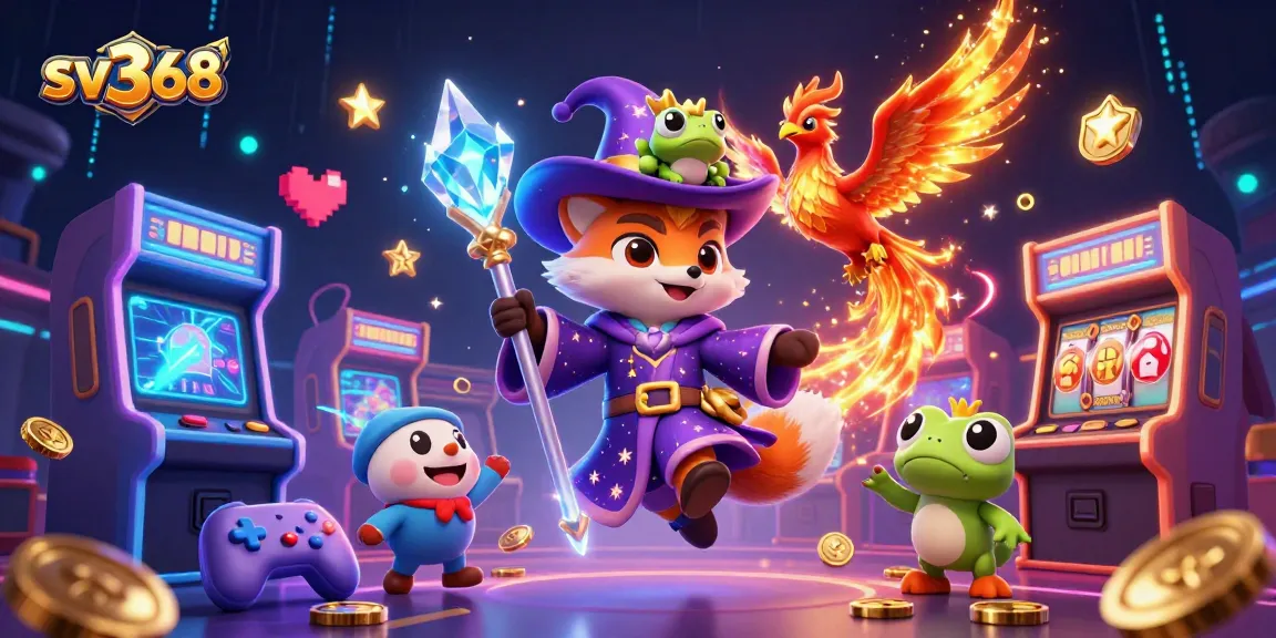 Engage with sv368's casino magic through a whimsical wizard fox, phoenix, and crowned frog in a lively gaming scene.