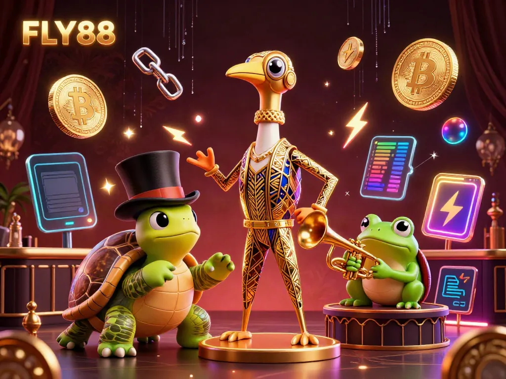 Experience the vibrant energy of FLY88 with unique casino-themed 3D illustration featuring fun characters and neon gaming elements.