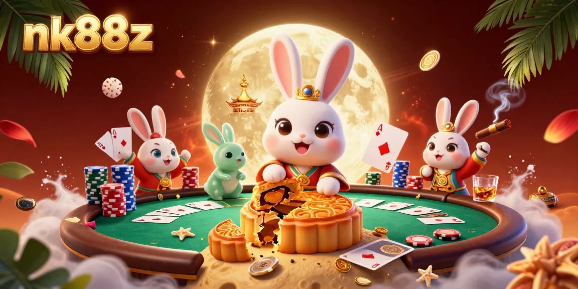 Engaging nk88z scene showcasing a cartoon moon rabbit and poker elements bursting with colors.
